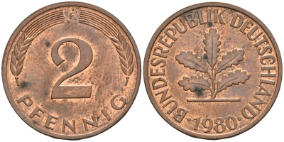 ФРГ 2 пфеннига 1980 F KM 106a, J.381 сталь плакированная медью 4115-364