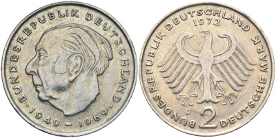 ФРГ 2 марки 1972 D, Теодор Хойс KM 127, J. 407 медно-никель плакированный никелем 4139-211
