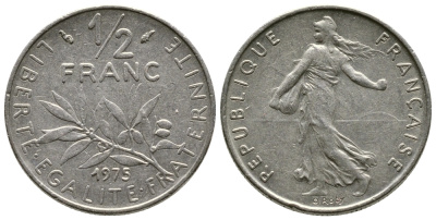 Франция 1/2 франка 1975 сеятель KM 931.1 никель 3458-166