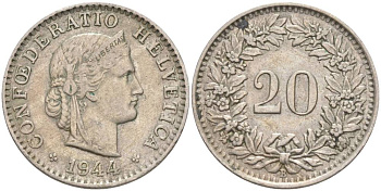 ШВЕЙЦАРИЯ 20 РАППЕНОВ 1944 В KM 29a медно-никель 55-716