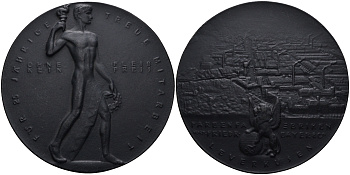 Германия медаль ND за 25 лет плодотворной совместной работы, фабрика красок Фридрих Баер и Ко. в городе Леверкузене, диаметр 85 мм. вес 161,8 гр. цинк 8-1-04-27