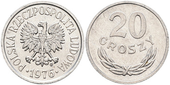 Польша 20 грошей 1976 MW, Народная Республика KM А47, Parchimowicz 208p алюминий aUNC 4580-658