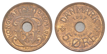 Дания 5 эре 1927 HCN, Кристиан X (1912-1947) KM 828 бронза 4654-734