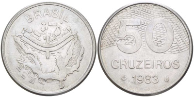 Бразилия 50 крузейро 1983 карта города Бразилиа KM 594.1 нержавеющая сталь 215-734