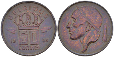 БЕЛЬГИЯ 50 САНТИМОВ 1953 BELGIQUE KM 144 бронза 66-441