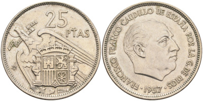 Испания 25 песет 1957(74) Франциско Франко (1939-1975) KM 787 медно-никель 4583-1035