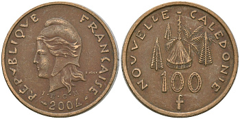 Французская Новая Каледония 100 франков 2004 хижина среди сосен и пальм, (IEOM) KM 15, Schoen 16, Lec 139h никель латунь 4149-436