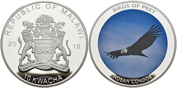 Малави 10 квача 2010 хищные птицы, АНДСКИЙ КОНДОР, цветная эмаль диаметр 50 мм PROOF 06-242-14