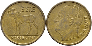 НОРВЕГИЯ 5 ЭРЕ 1967 ЛОСЬ KM 405 бронза 4394-1116