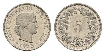 Швейцария 5 раппенов 1975 KM 26 медно-никель 4611-1061
