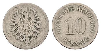 Германия 10 пфеннигов 1874 A, Вильгельм I (1871-1888) KM 4, J. 4 медно-никель 4636-439