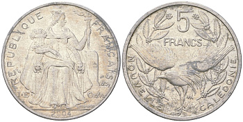 Французская Новая Каледония 5 франков 2004 птица кагу, (IEOM) KM 16, Schoen 12, Lec 81i алюминий 189-1231