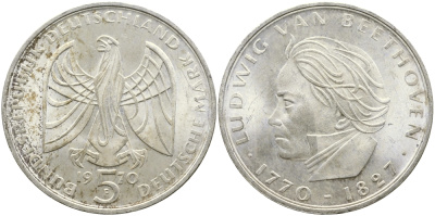 ФРГ 5 марок 1970 F. 200 лет со дня рождения Людвига ван Бетховена KM 127, J. 408 серебро UNC 58-923