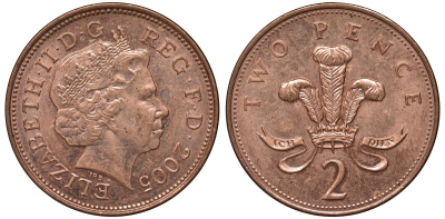 Великобритания 2 пенса 2005 Елизавета II (1952-2022) KM 987, Spink 4690 (C5) сталь плакированная медью aUNC 4122-845