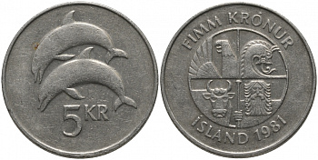 Исландия 5 крон 1981 дельфины KM 28 медно-никель 181-641