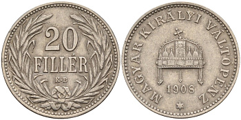 Венгрия 20 филлеров 1908 KB, Франц Иосиф I (1848-1916), редкий год KM 483 железо 4141-412