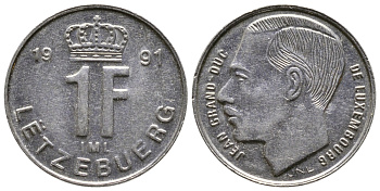 ЛЮКСЕМБУРГ 1 ФРАНК 1991 ВЕЛИКИЙ ГЕРЦОГ ЖАН KM 63 никель сталь 179-1043