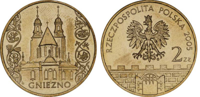 Польша 2 злотых 2005 MW, серия исторические места, Гнезно (Gniegno), собор Девы Марии KM 564, Parchimowicz 956 нордик UNC 603-1025
