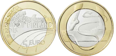 Финляндия 5 евро 2015 спорт, который любят финны, гимнастика KM 236 биметалл UNC M44-8