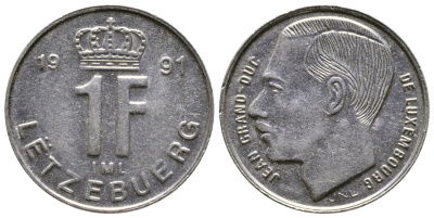 ЛЮКСЕМБУРГ 1 ФРАНК 1991 ВЕЛИКИЙ ГЕРЦОГ ЖАН KM 63 никель сталь 179-1043