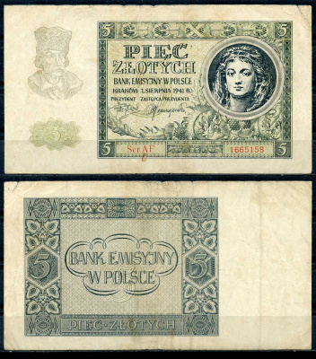 Польша 5 злотых 1941 эмиссионный банк в Польше (немецкая оккупация) Pick 101 бумага 8607-84-3-1