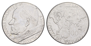 Ватикан 100 лир 1985 MCMLXXXV, Иоанн Павел II KM 188 нержавеющая сталь aUNC 4648-143