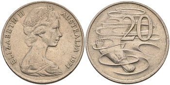 Австралия 20 центов 1971 Елизавета II (1952-2022), утконос KM 66 медно-никель 4572-625