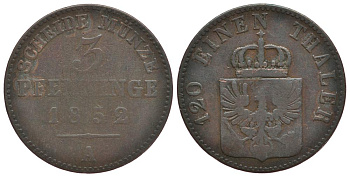 ПРУССИЯ 3 ПФЕННИГА 1852 А, ФРИДРИХ ВИЛЬГЕЛЬМ IV (1840-1861) KM 453 медь 186-615