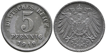 ГЕРМАНИЯ 5 ПФЕННИГОВ 1919 D KM 19, J. 297 железо 39-259