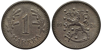 ФИНЛЯНДИЯ 1 МАРКА 1928 S KM 30 медно-никель 4548-1051