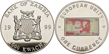 Замбия 1000 квача 1999 серия европейский союз - одна валюта, 10 евро реверс, серебрение KM 123 медь никель цинк 1098-3-34