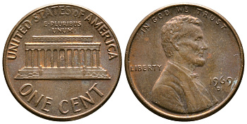 США 1 ЦЕНТ 1969 D, ЛИНКОЛЬН KM 201 медь цинк 93-1245
