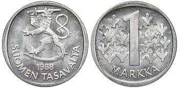Финляндия 1 марка 1988 M KM 49а медно-никель UNC 259-446
