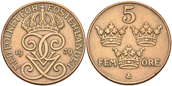 Швеция 5 эре 1939 Густав V(1907-1950) KM 779.2 бронза 4571-821