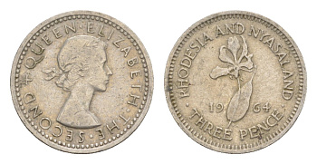 Родезия и Ньясаленд 3 пенса 1964 Елизавета II (1952-2022), цветок глориоза KM  3 медно-никель  4640-931