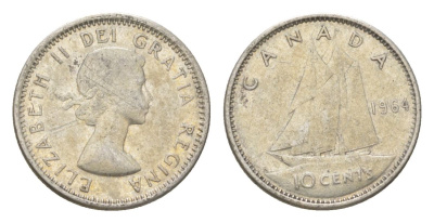 Канада 10 центов 1964 Елизавета II (1952-2022), парусник KM 51 серебро 4623-938