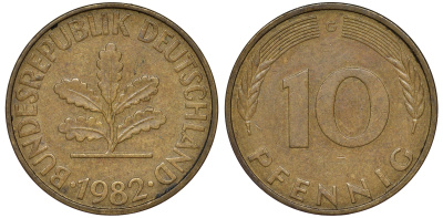ФРГ 10 пфеннигов 1982 G KM 108, J. 383 сталь плакированная латунью 62-1042