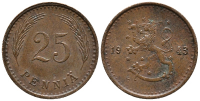 ФИНЛЯНДИЯ 25 ПЕННИ 1943 KM 25а медь 99-865