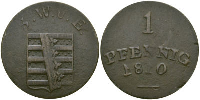 Саксен-Веймар-Эйзенах 1 пфенниг 1810 S.W.U.E. , Карл Август (1758-1809-1828), редкий вариант зеркальные "1" KM 56d медь    99-555