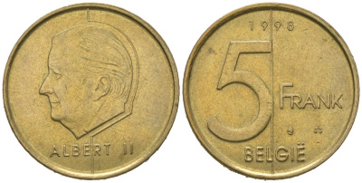 Бельгия 5 франков 1998 Belgie, Бодуэн I (1951-1993) KM 190 алюминиевая бронза 4620-532