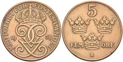 Швеция 5 эре 1939 Густав V(1907-1950) KM 779.2 бронза 4571-821