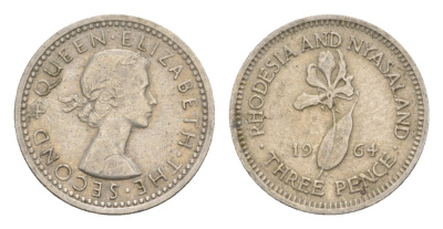 Родезия и Ньясаленд 3 пенса 1964 Елизавета II (1952-2022), цветок глориоза KM  3 медно-никель  4640-931