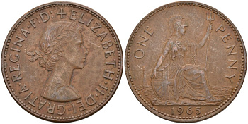 Великобритания 1 пенни 1965 Елизавета II (1952-2022) КМ 897, Spink 4157 бронза 4574-234