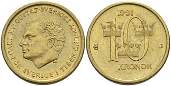 Швеция 10 крон 1991 D, Карл XVI Густав (1973- ) KM 877 медь алюминий цинк 4592-141