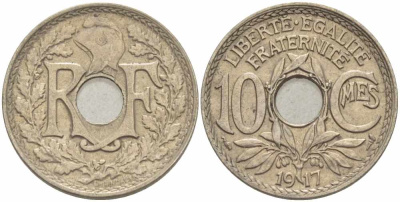 ФРАНЦИЯ 10 САНТИМОВ 1917 ТИП ЛИНДАЙЁ KM 866а, LE FRANC 138.1 медно-никель 108-117