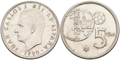 Испания 5 песет 1980 (82) чемпионат мира по футболу в Испании KM 817 медно-никель 4573-936