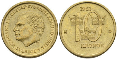 Швеция 10 крон 1991 D, Карл XVI Густав (1973- ) KM 877 медь алюминий цинк 4592-141