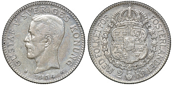 Швеция 2 кроны 1934 G, Густав V (1907-1950) KM 787 серебро 4178-1325