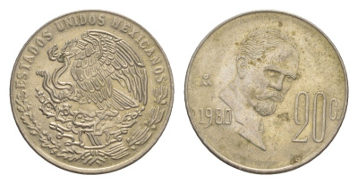 Мексика 20 сентаво 1980 Франциско Индалеси KM 442 медно-никель 4644-656