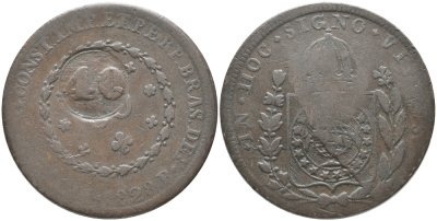 Бразилия 40 рейс 1835 провинция ICO, надчеканка на 80 рейсах 1828 В, ПЕДРО I KM 444.2 медь 1066-7-43